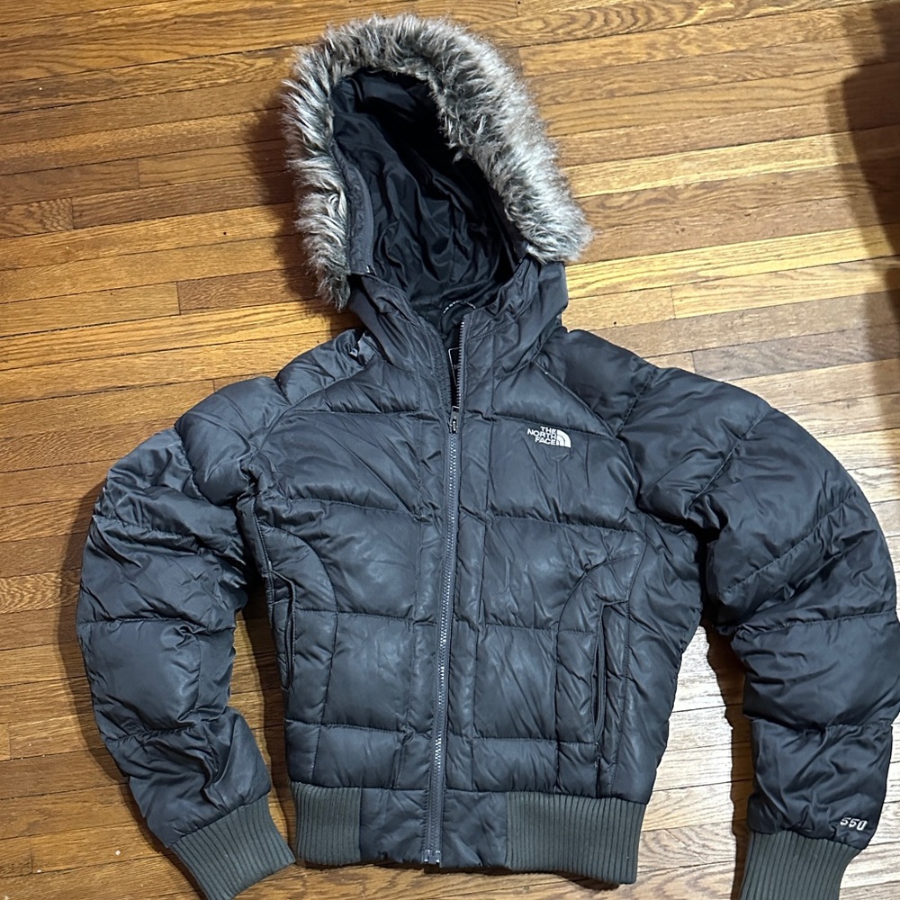 The North Face Charcoal Puffer Jacket with Faux Fur Hood